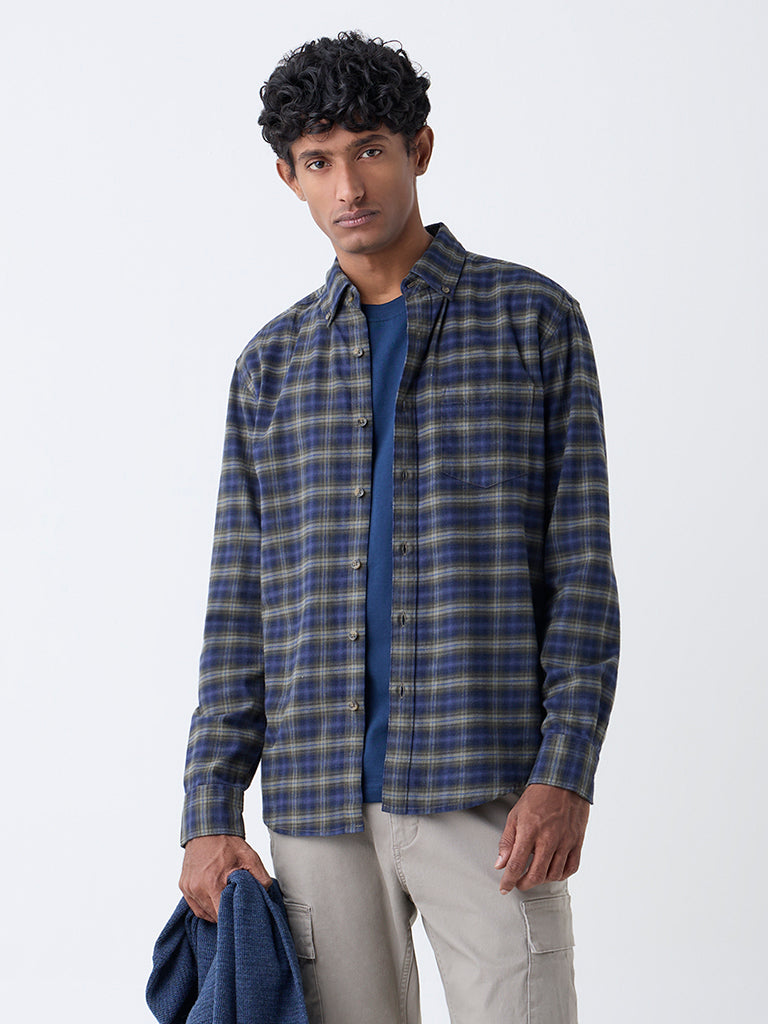 WES Casuals Navy Check Design Relaxed-Fit Cotton Shirt
