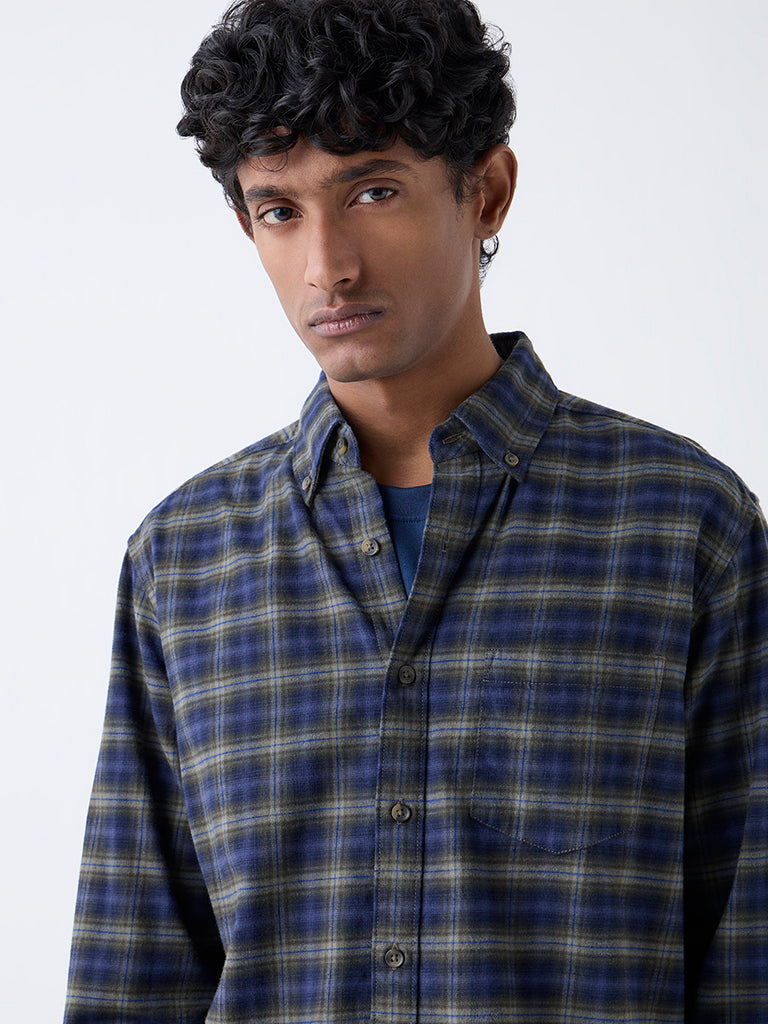 WES Casuals Navy Check Design Relaxed-Fit Cotton Shirt