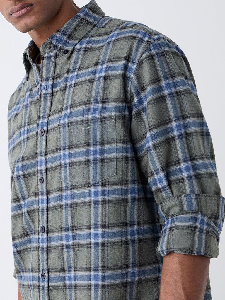 WES Casuals Sage Checks Relaxed-Fit Cotton-Blend Shirt
