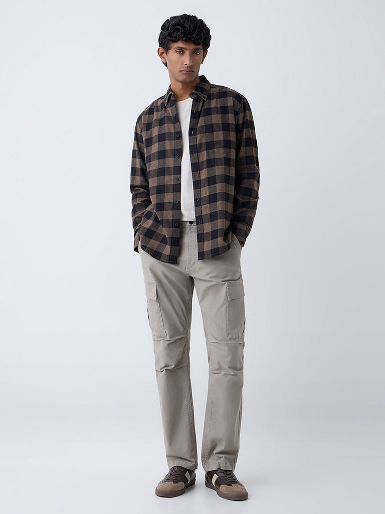 WES Casuals Brown Checks Relaxed-Fit Cotton-Blend Shirt