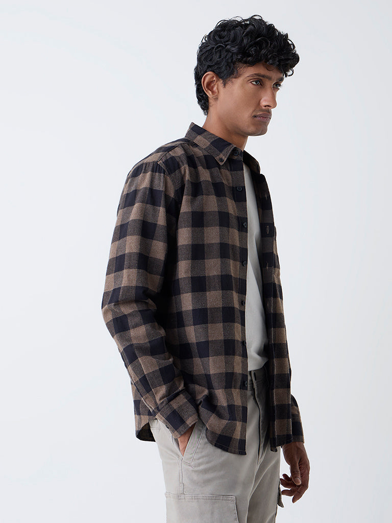 WES Casuals Brown Checks Relaxed-Fit Cotton-Blend Shirt