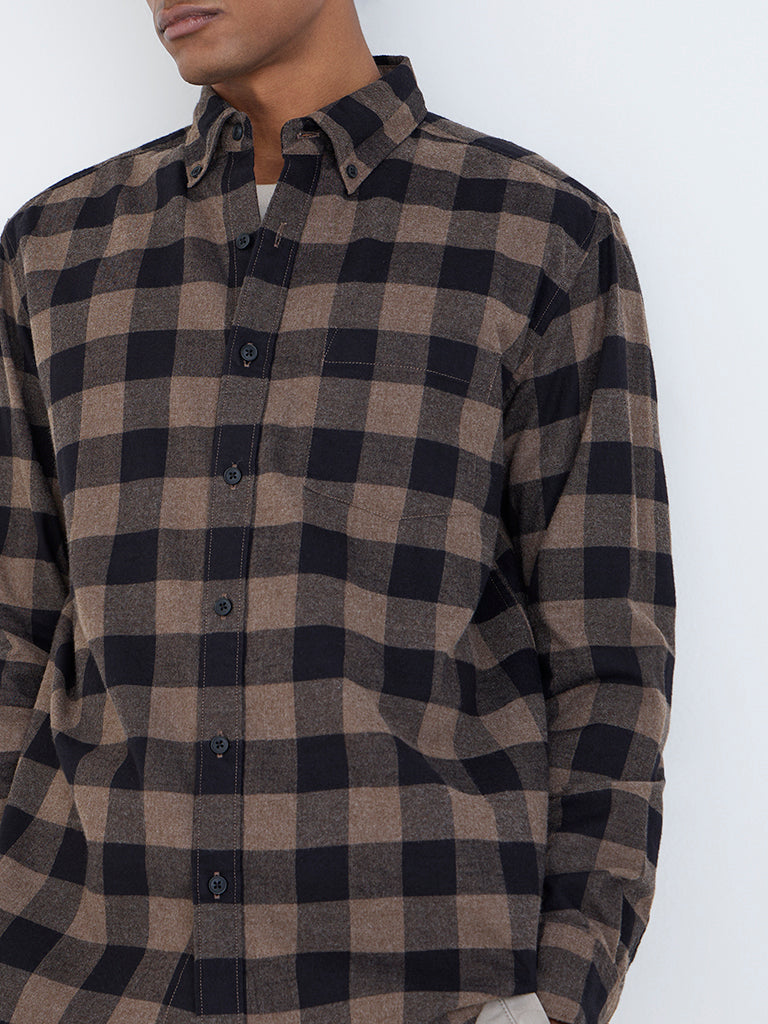 WES Casuals Brown Checks Relaxed-Fit Cotton-Blend Shirt