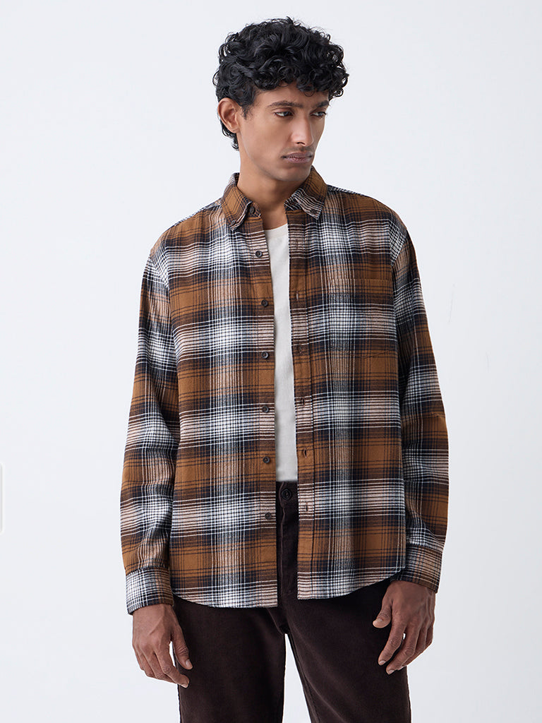 WES Casuals Brown Checkered Relaxed-Fit Cotton Shirt