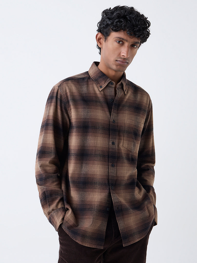 WES Casuals Brown Checks Printed Relaxed-Fit Cotton Shirt