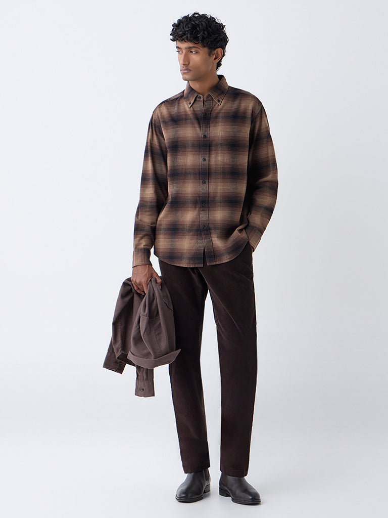 WES Casuals Brown Checks Printed Relaxed-Fit Cotton Shirt