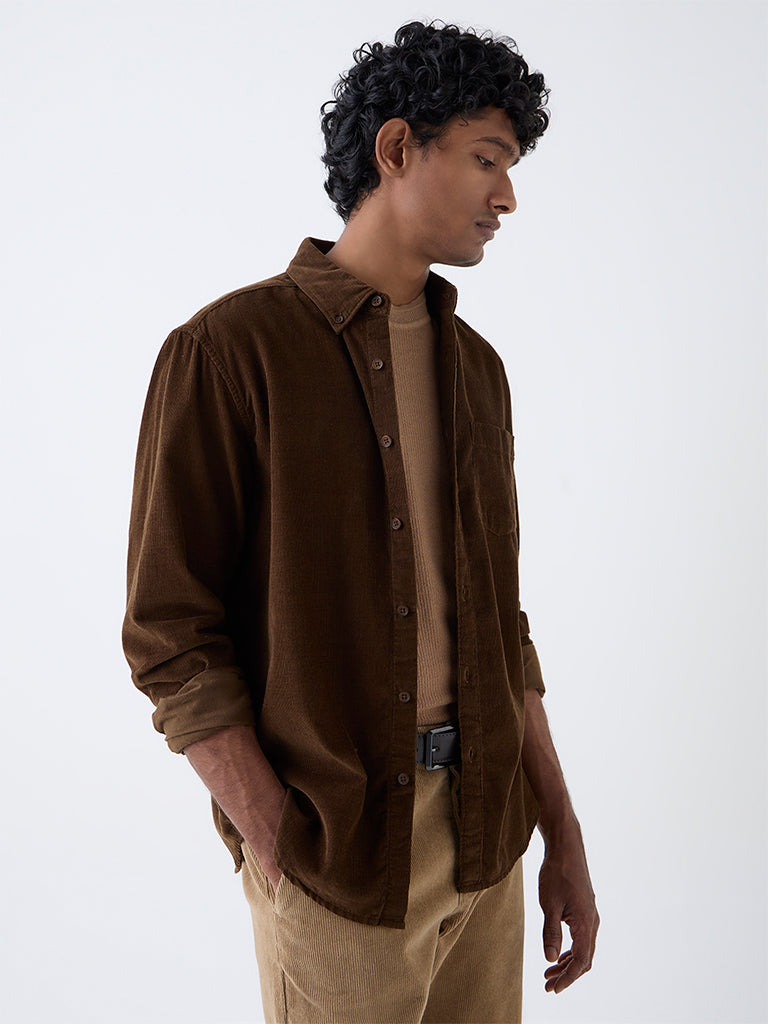 WES Casuals Brown Slim-Fit Corduroy Shirt