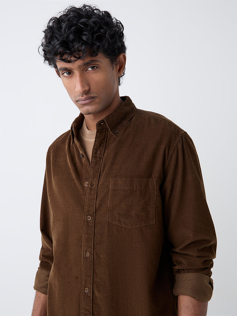 WES Casuals Brown Slim-Fit Corduroy Shirt