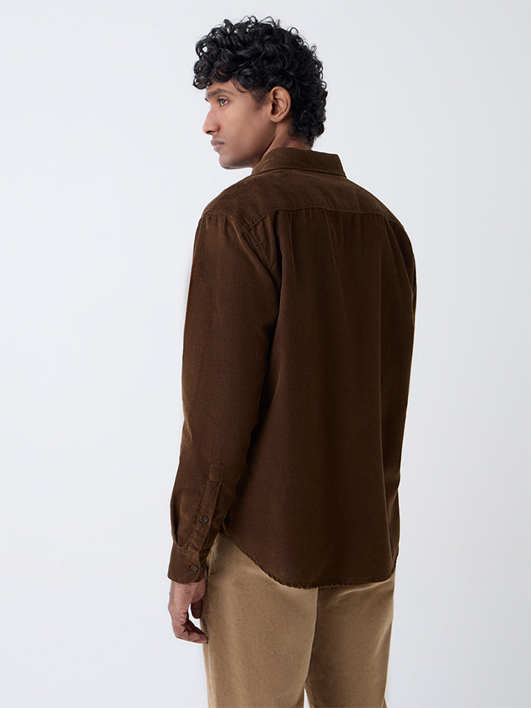 WES Casuals Brown Slim-Fit Corduroy Shirt