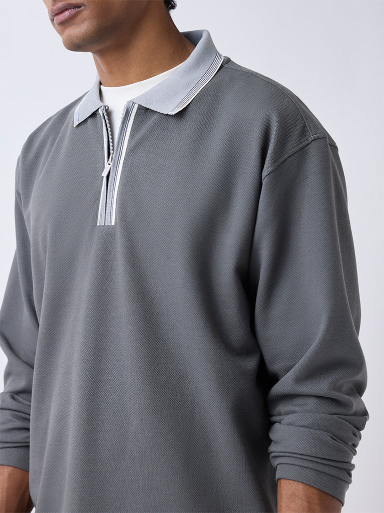 WES Casuals Dark Grey Relaxed-Fit Quarter-Zip Cotton-Blend Sweatshirt