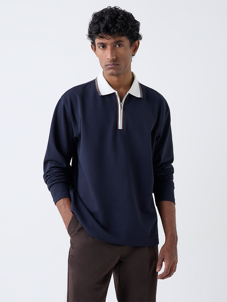 WES Casuals Navy Relaxed-Fit Quarter-Zip Cotton-Blend Sweatshirt
