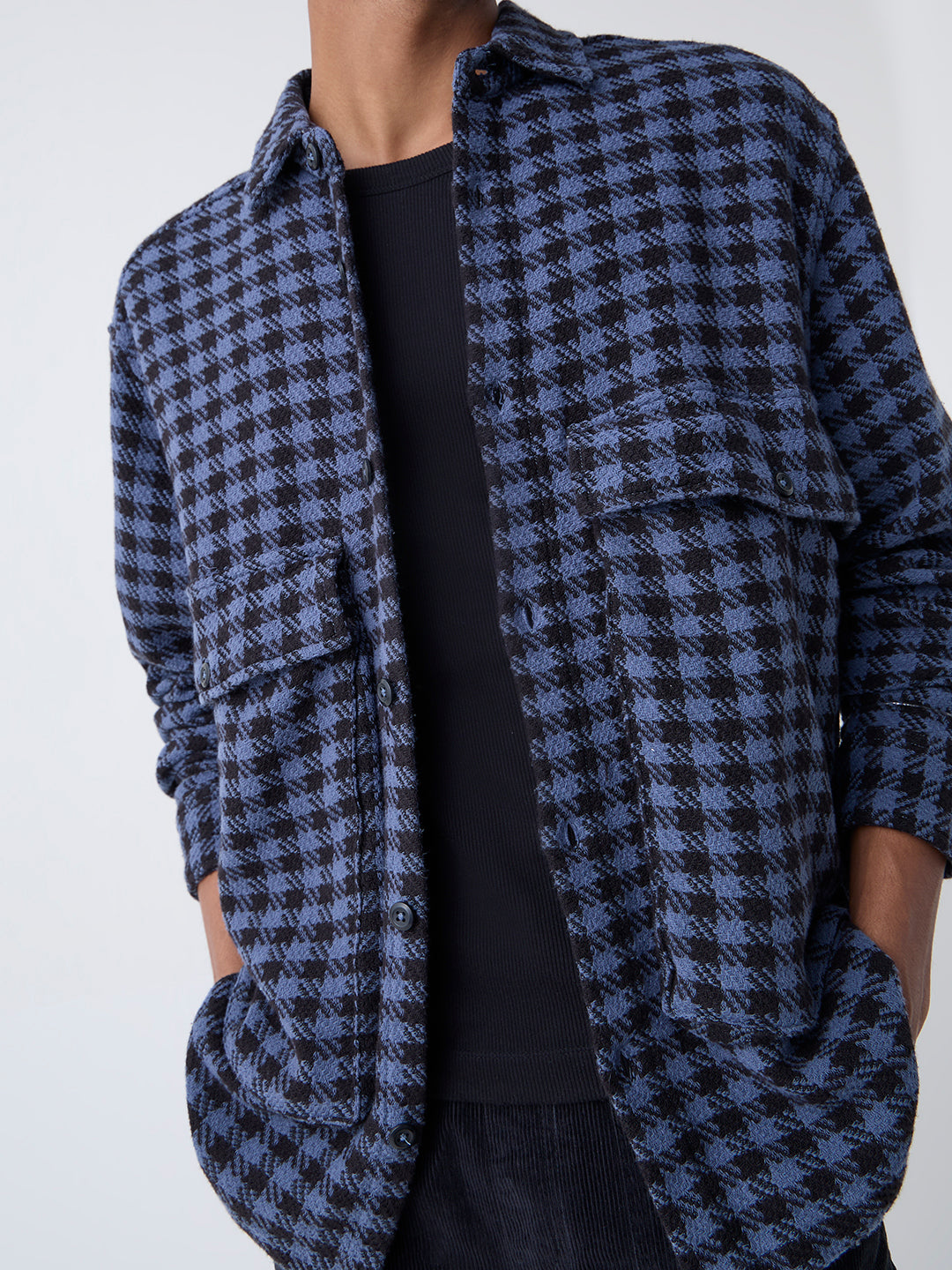 Nuon Blue Houndstooth Checkered Relaxed-Fit Cotton Jacket