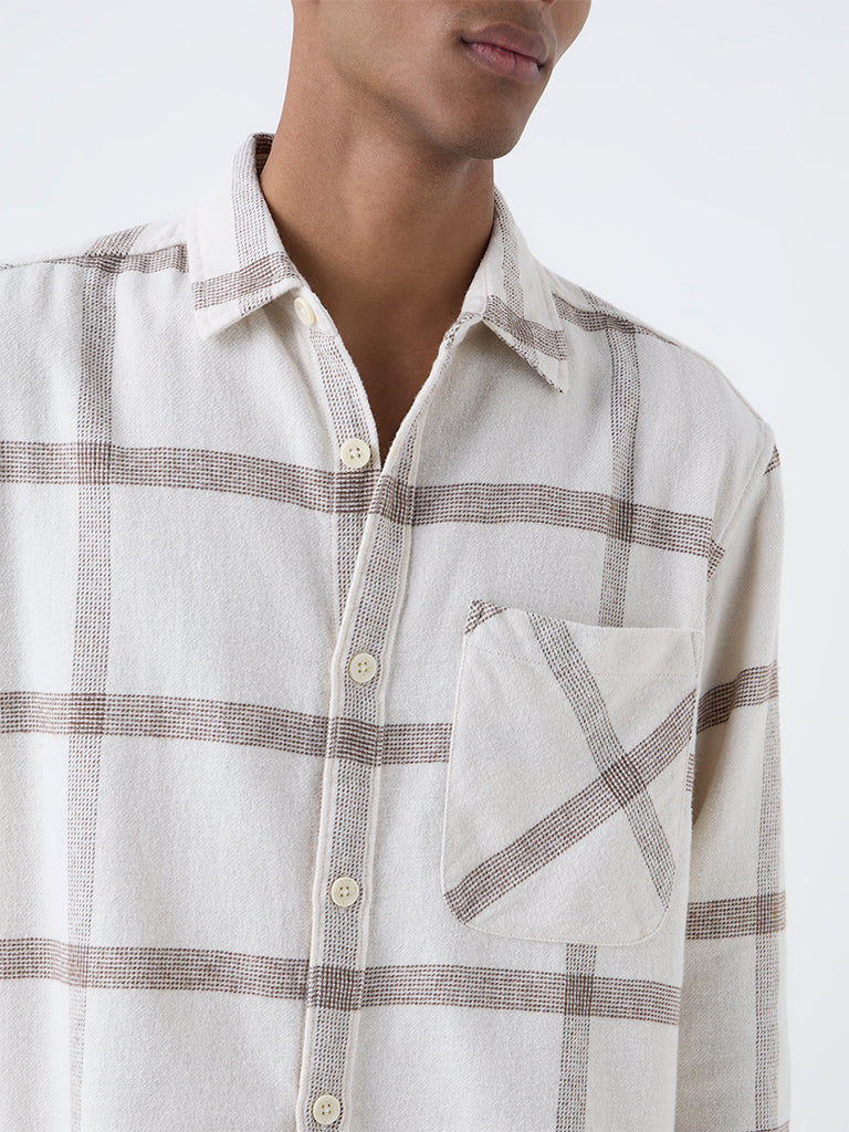 Nuon Beige Checks Printed Relaxed-Fit Cotton Shirt