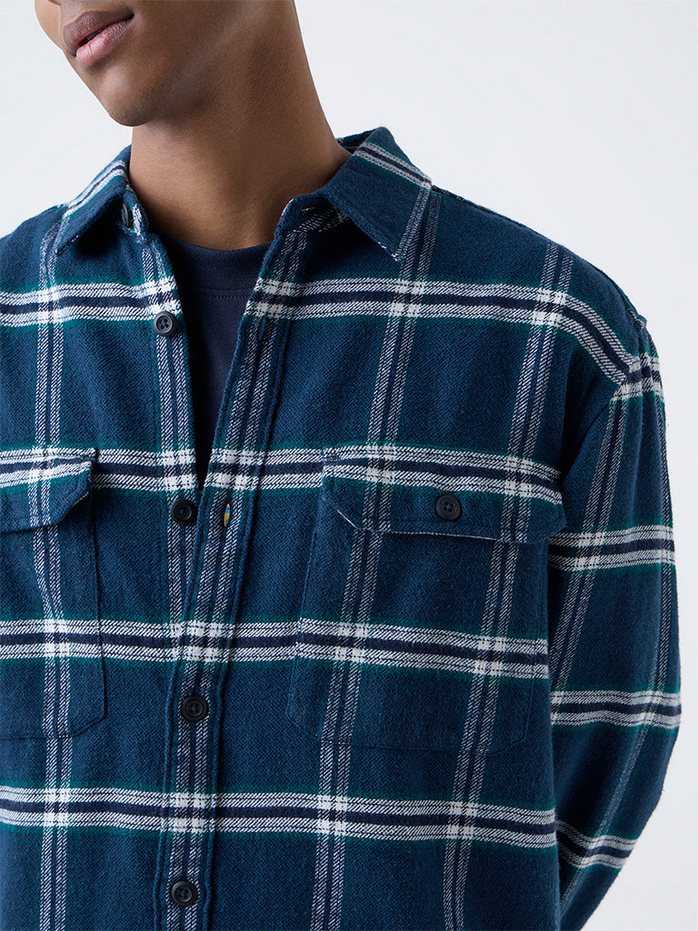 Nuon Dark Blue Checkered Relaxed-Fit Cotton Shirt