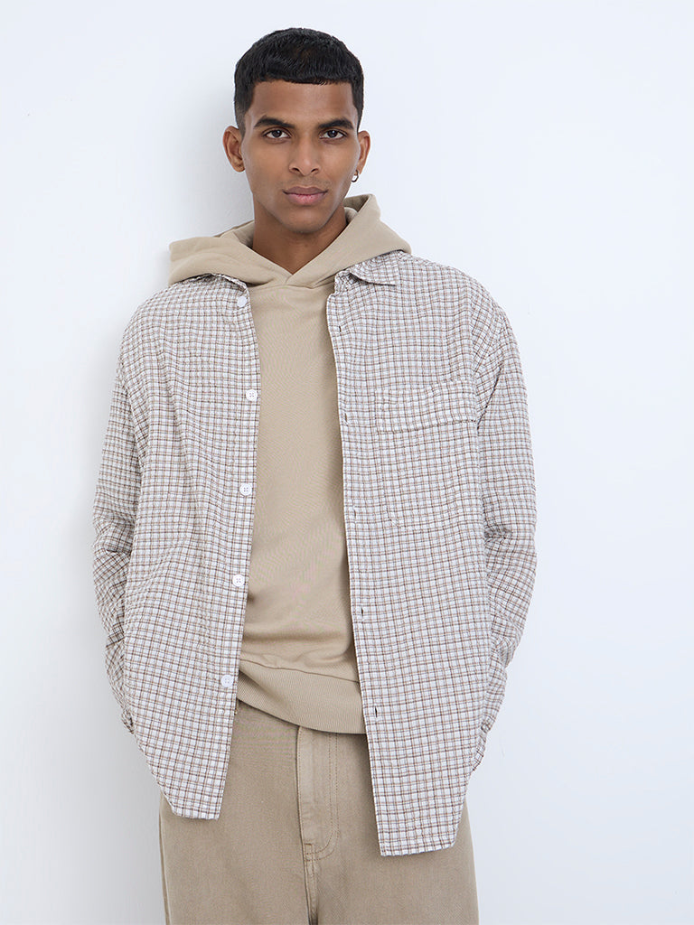 Nuon Brown Checks Pattern Relaxed-Fit Cotton Shirt