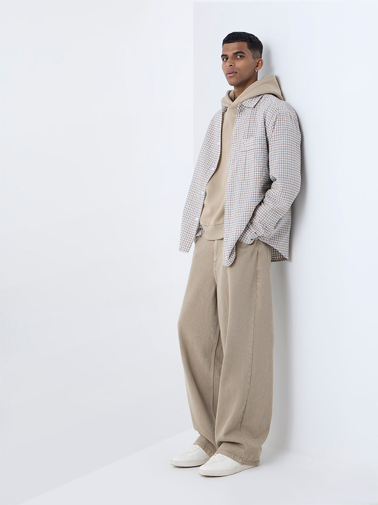 Nuon Brown Checks Pattern Relaxed-Fit Cotton Shirt