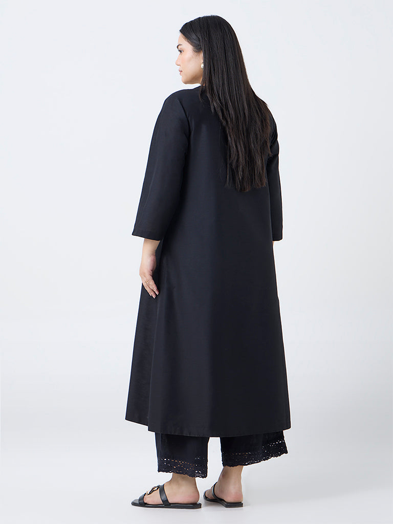 Diza Black Printed Quarter-Zip A-Line Kurta