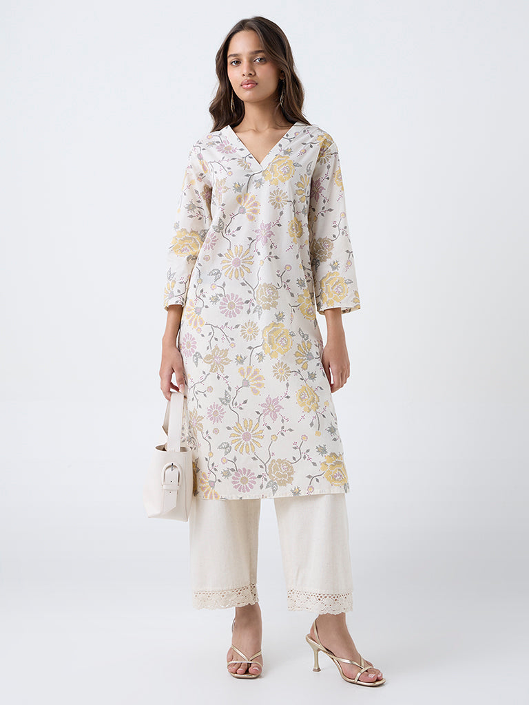 Utsa Off-White Floral Printed Cotton Straight Kurta