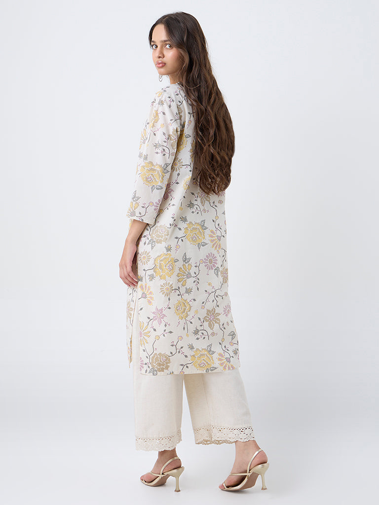 Utsa Off-White Floral Printed Cotton Straight Kurta
