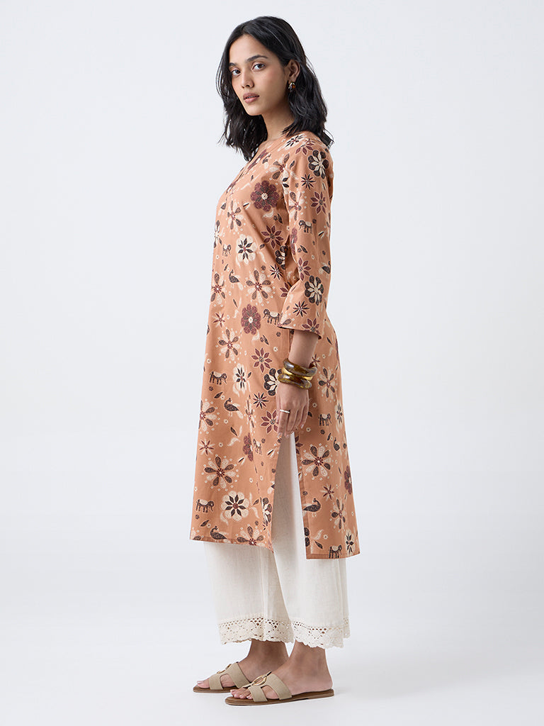 Utsa Peach Floral Pattern Straight Cotton Kurta