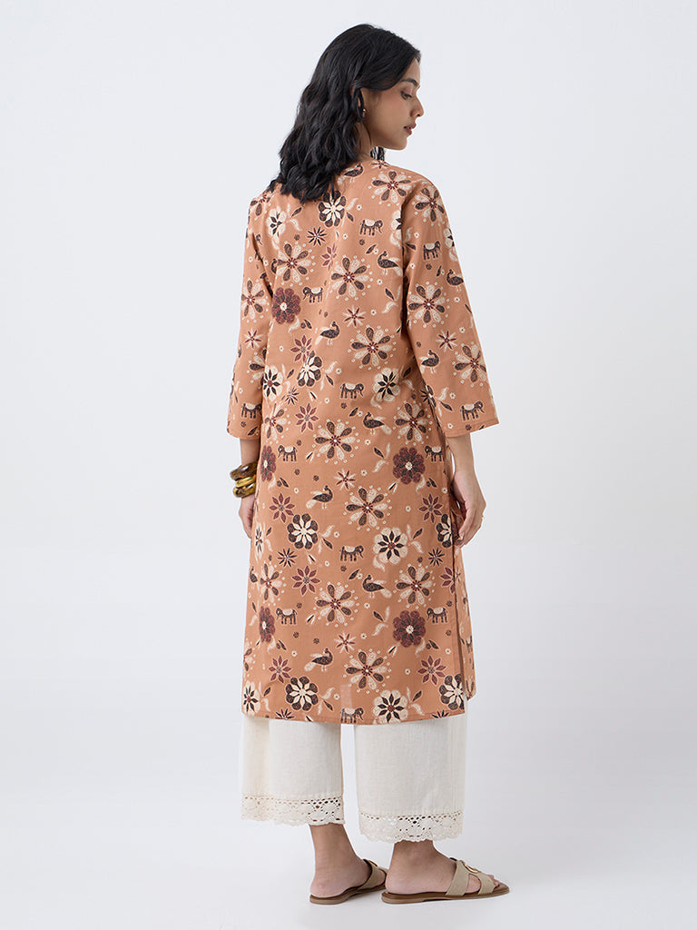 Utsa Peach Floral Pattern Straight Cotton Kurta