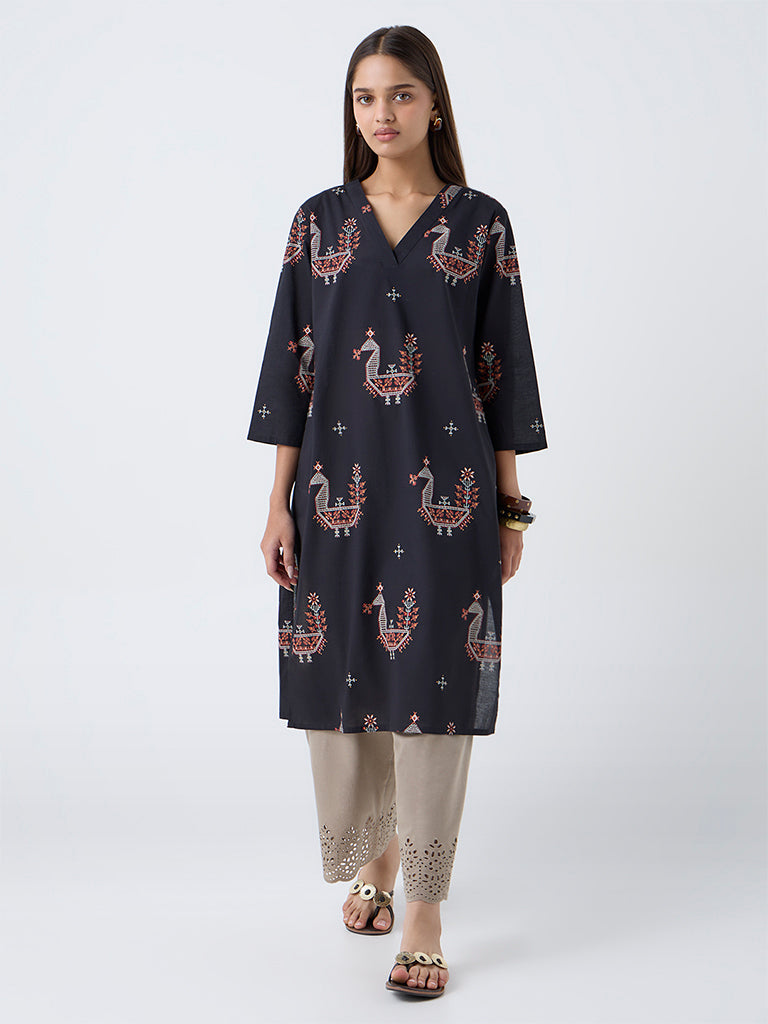 Utsa Black Peacock Printed Cotton Straight Kurta