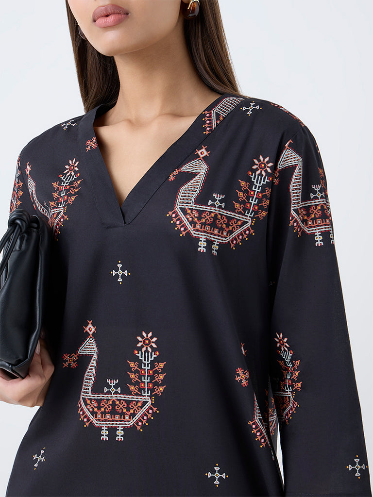 Utsa Black Peacock Printed Cotton Straight Kurta