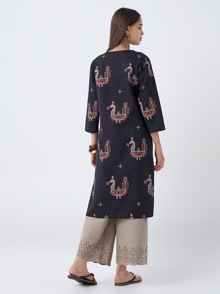 Utsa Black Peacock Printed Cotton Straight Kurta