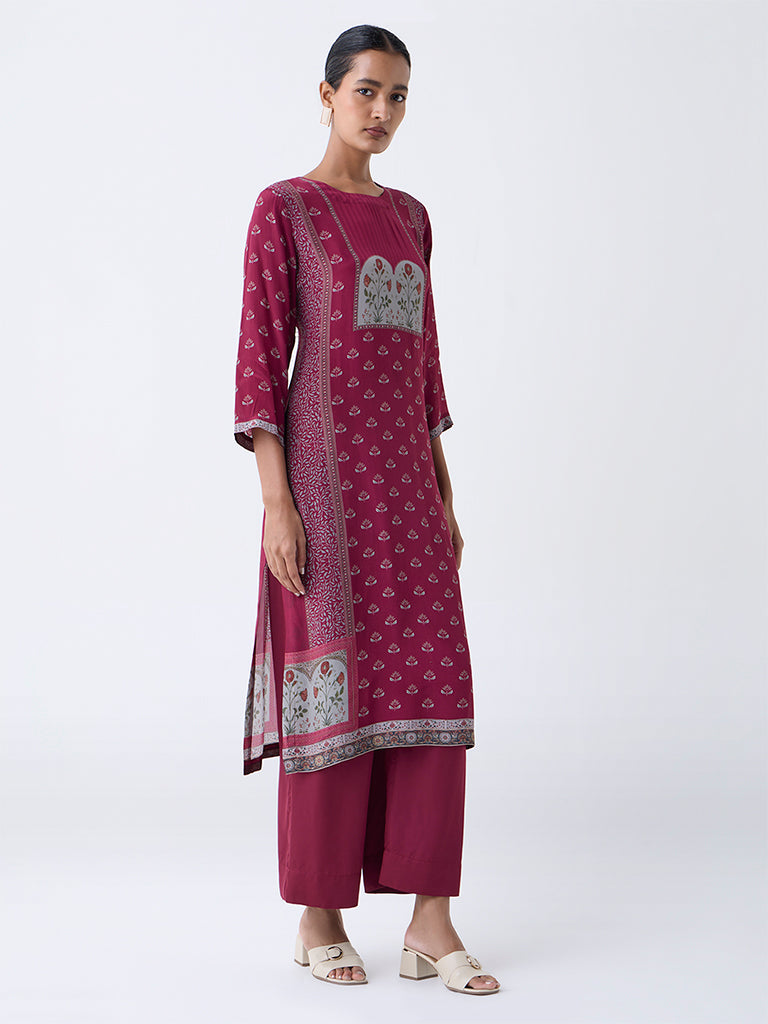 Zuba Maroon Floral Printed A-Line Kurta