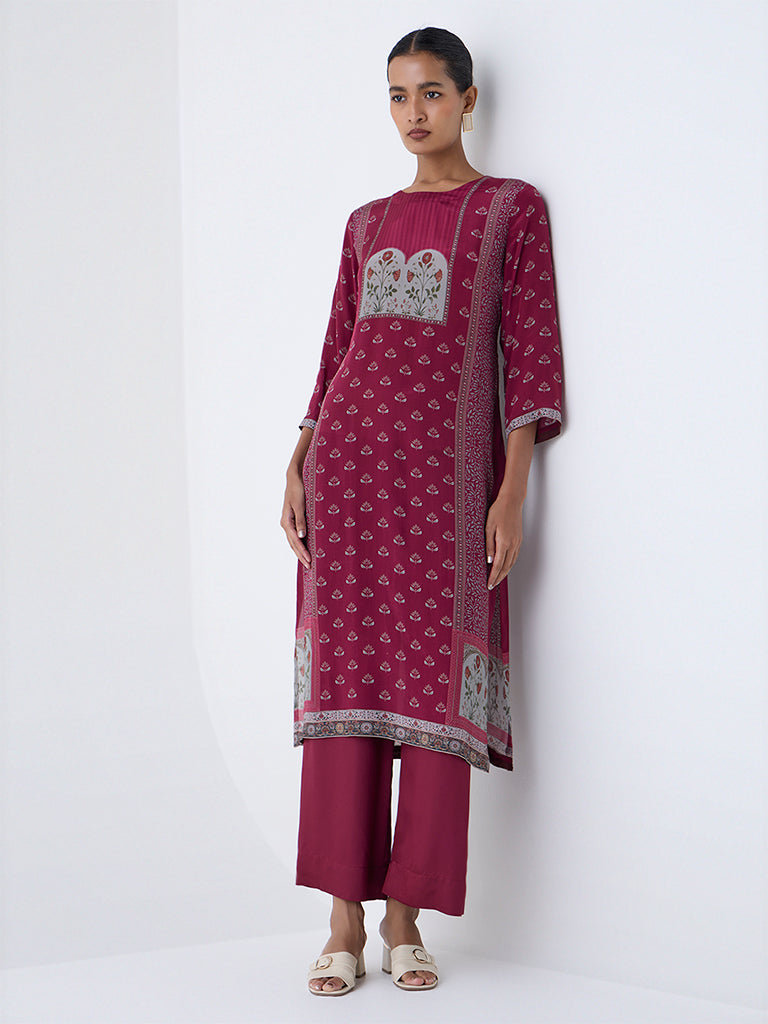 Zuba Maroon Floral Printed A-Line Kurta
