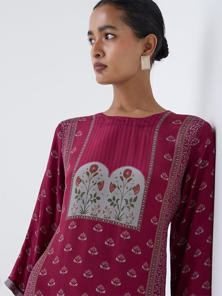 Zuba Maroon Floral Printed A-Line Kurta
