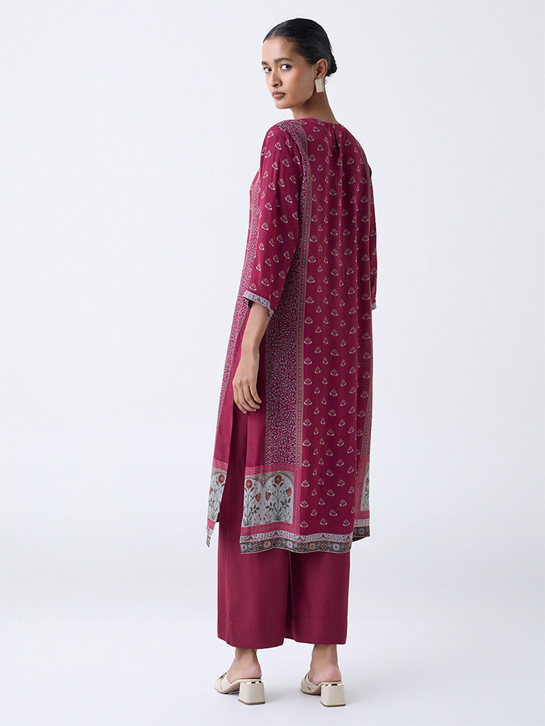 Zuba Maroon Floral Printed A-Line Kurta