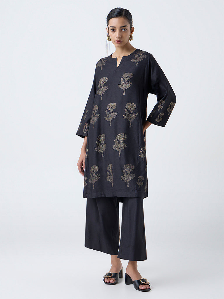 Zuba Black Floral Printed A-Line Kurta