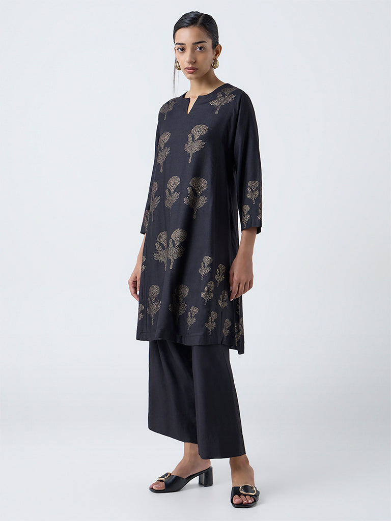 Zuba Black Floral Printed A-Line Kurta