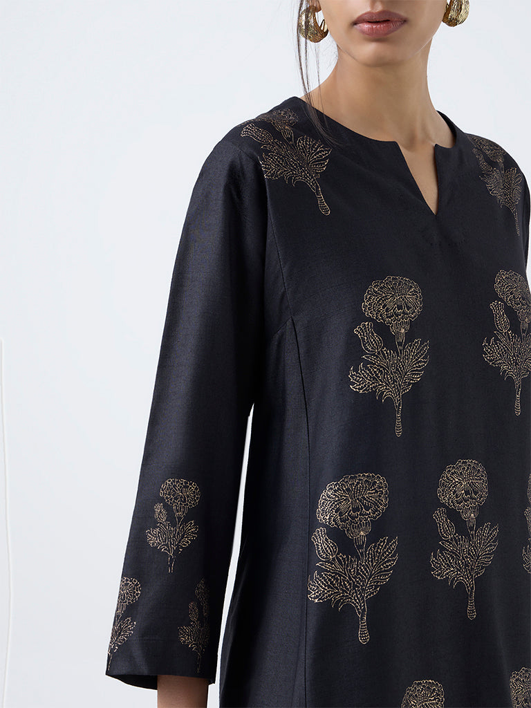 Zuba Black Floral Printed A-Line Kurta