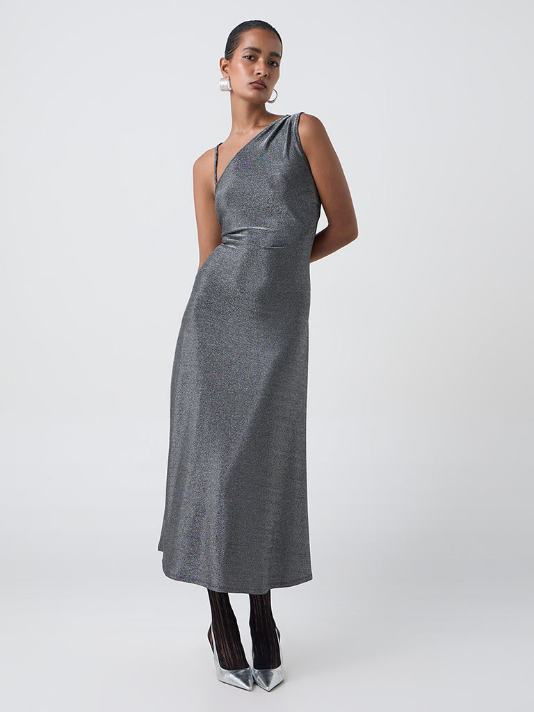 Wardrobe Silver Shimmer One-Shoulder Party Dress
