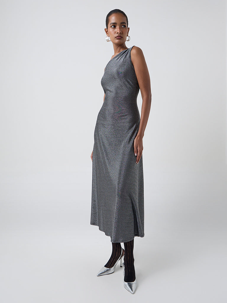 Wardrobe Silver Shimmer One-Shoulder Party Dress