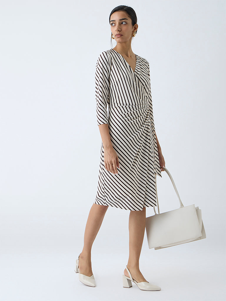 Wardrobe Brown Striped Wrap-Style Dress