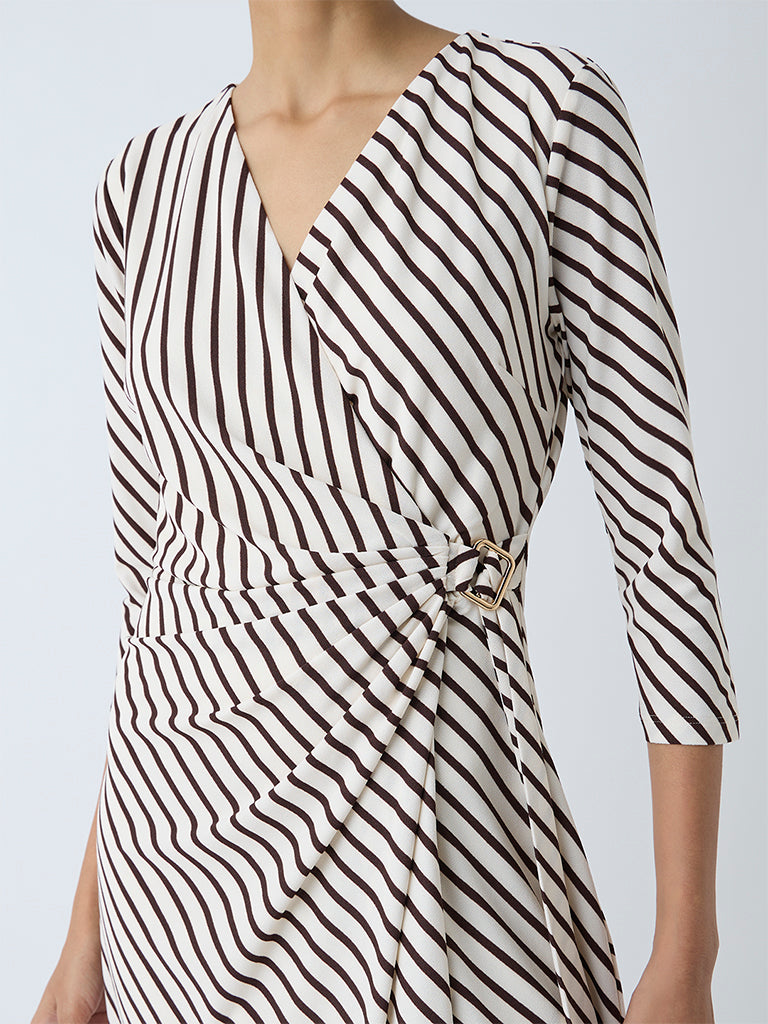 Wardrobe Brown Striped Wrap-Style Dress