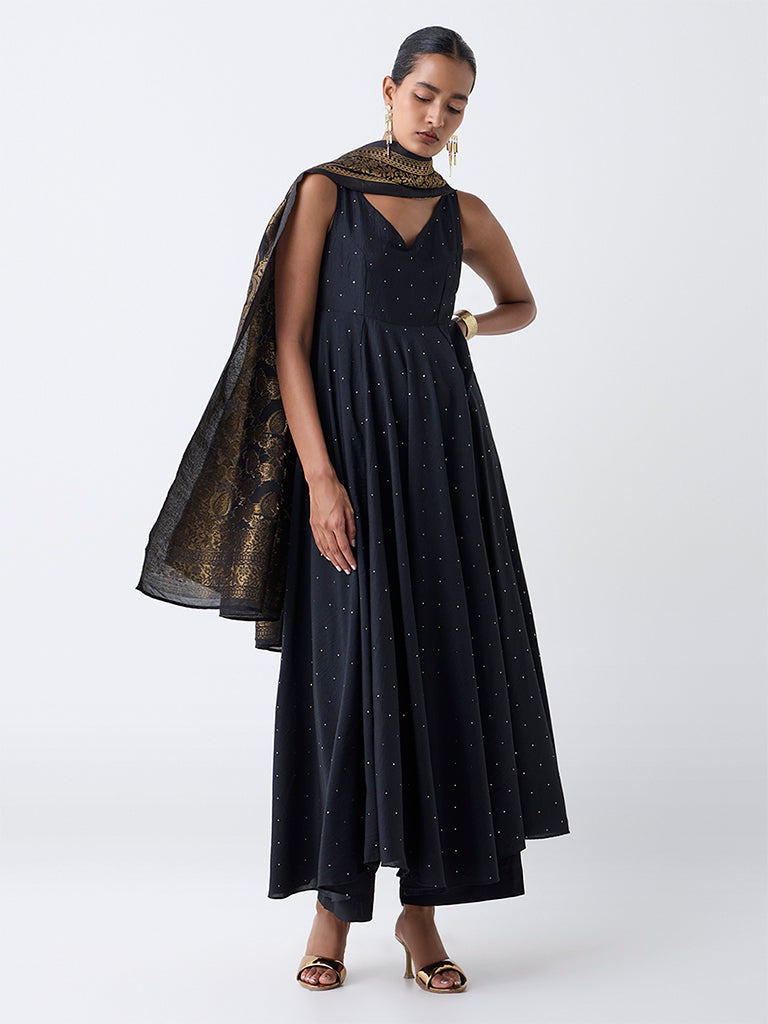 Vark Black Embellished A-Line Ethnic Set