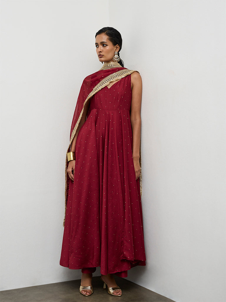 Vark Red Embellished Anarkali Ethnic Set