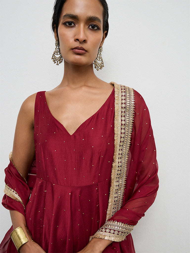 Vark Red Embellished Anarkali Ethnic Set