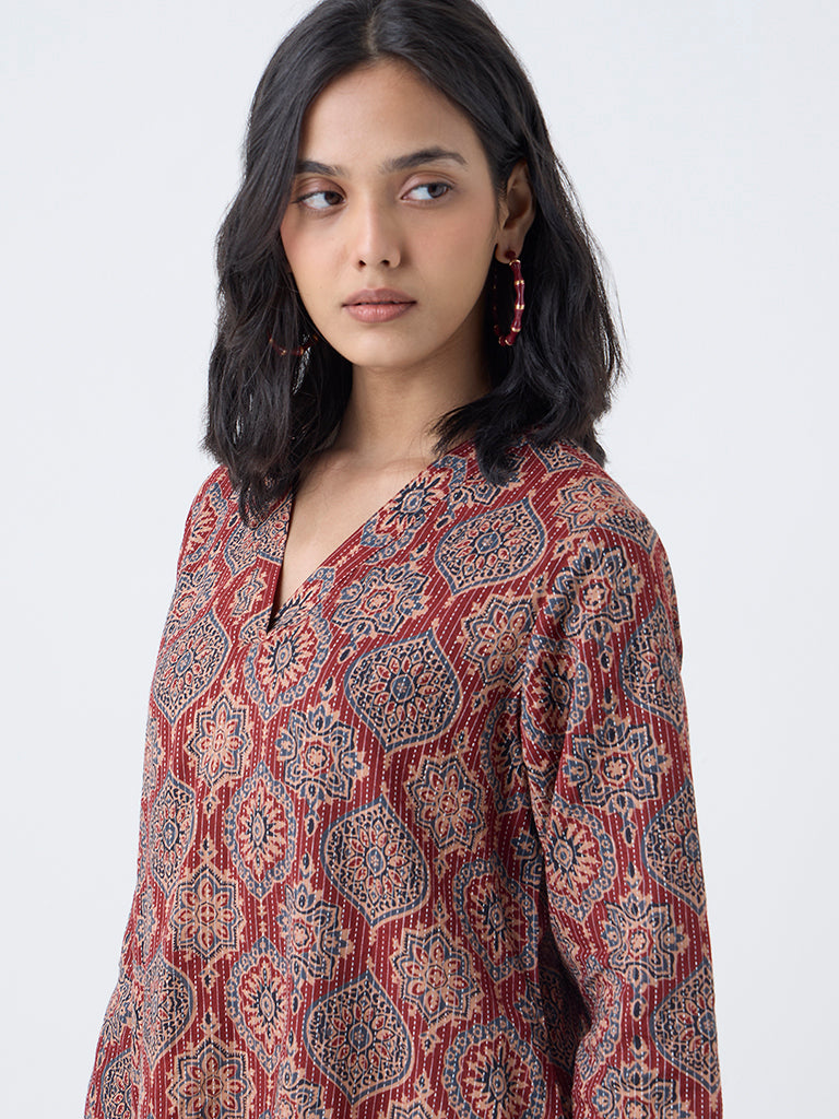 Utsa Maroon Kantha Embroidered Cotton Straight Kurta
