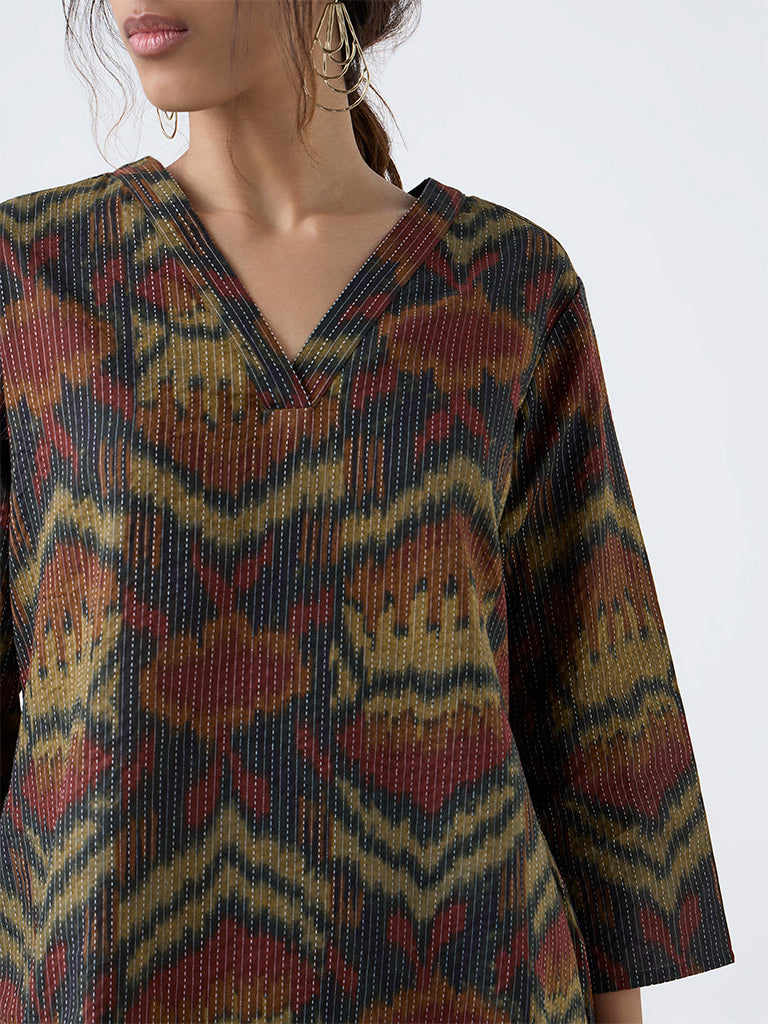 Utsa Multicolour Ikat Pattern Cotton-Blend Straight Kurta