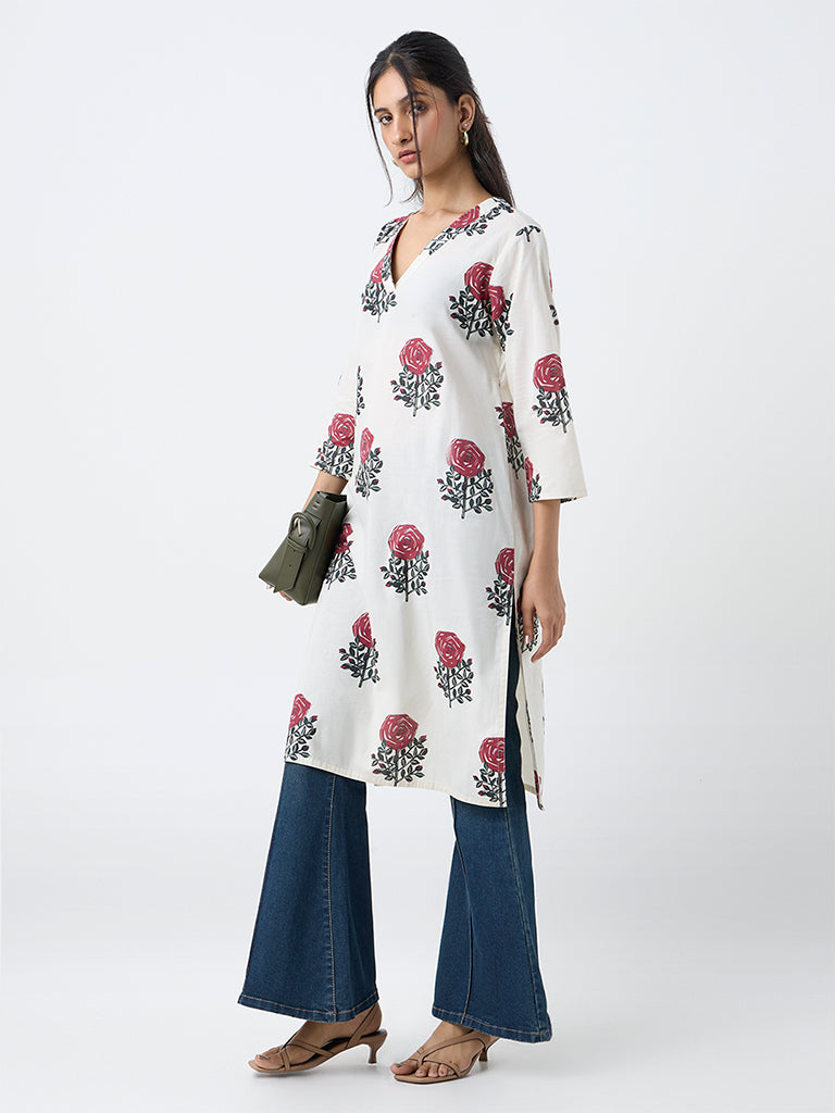 Utsa Off-White Floral Butta Print Cotton Straight Kurta