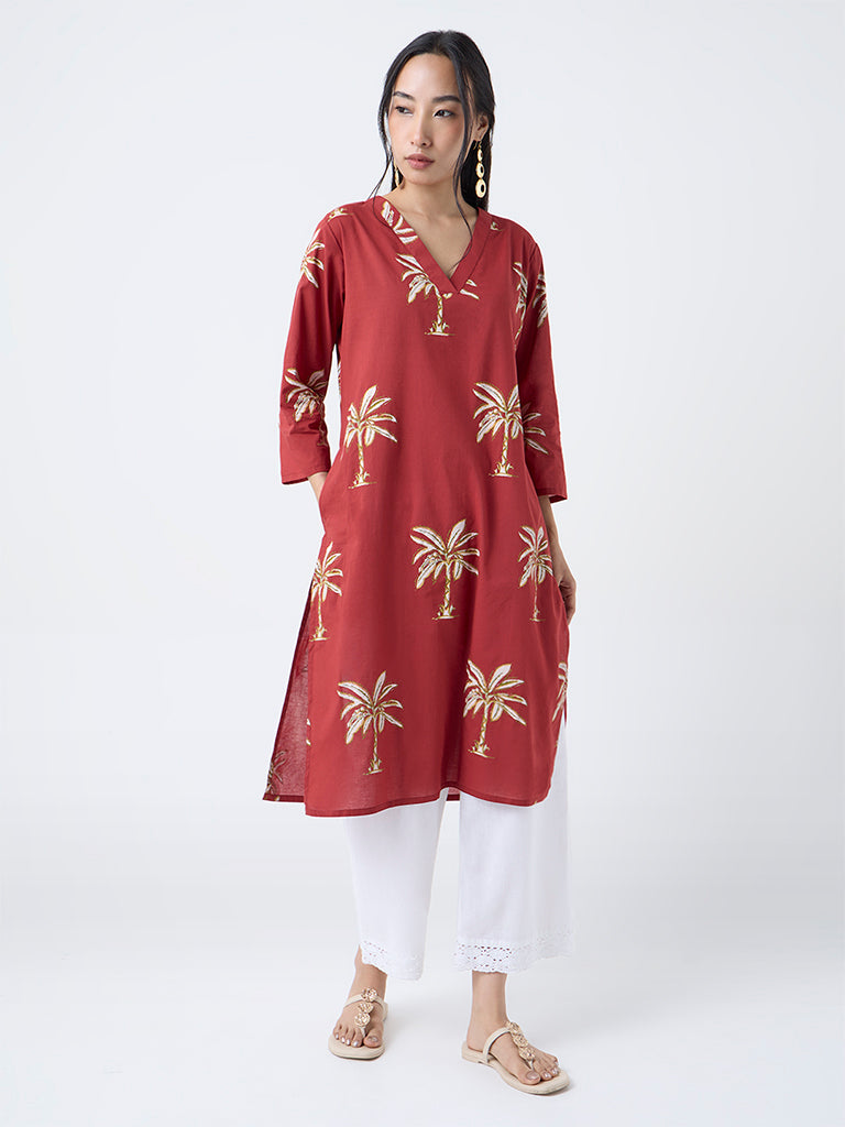 Utsa Red Tropical-Inspired Straight Cotton Kurta