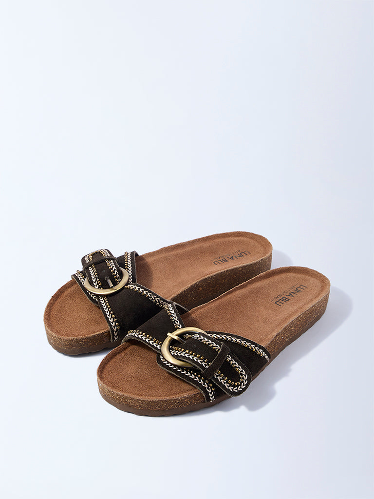 LUNA BLU Olive Buckle-Detailed Slip-On Suede Leather Sandals