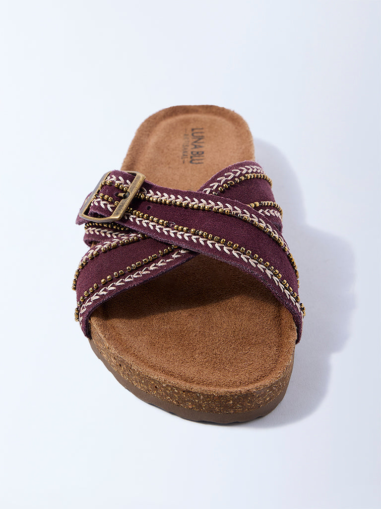 LUNA BLU Burgundy Buckle-Detailed Slip-On Suede Leather Sandals