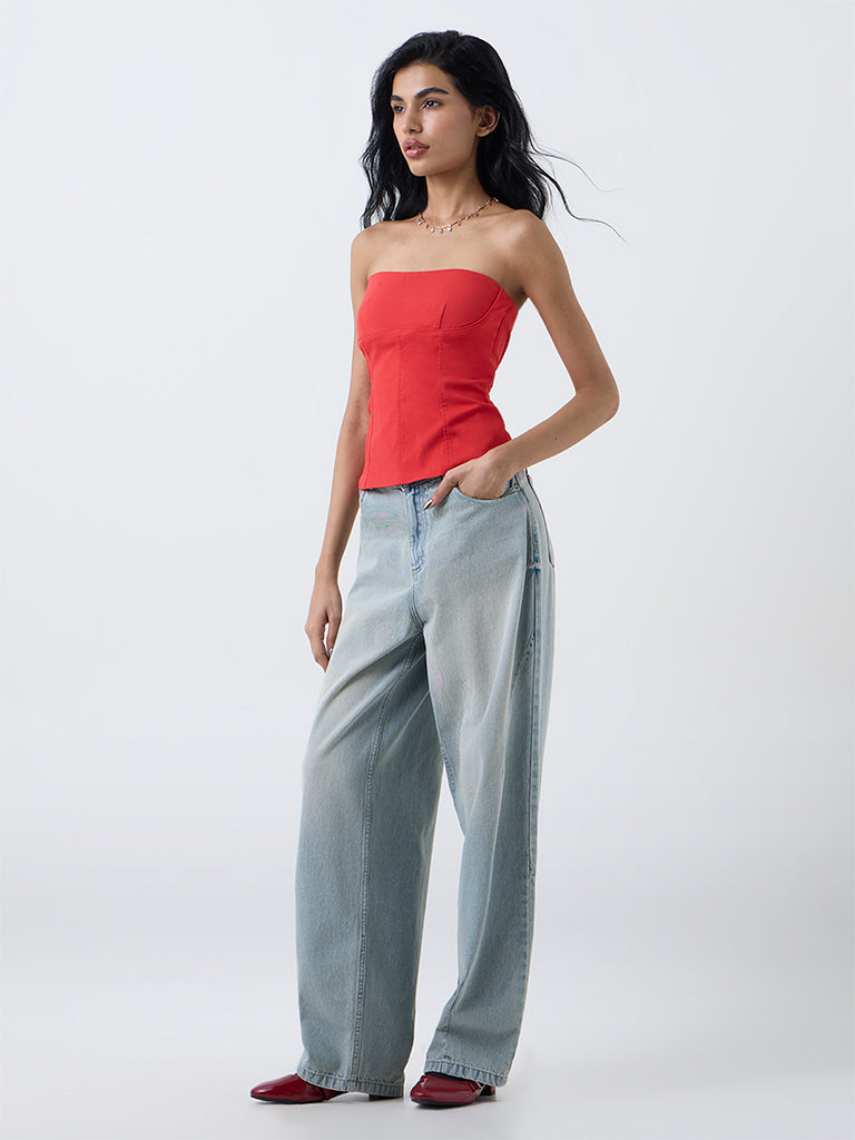 Nuon Red Solid Tube Cotton-Blend Top