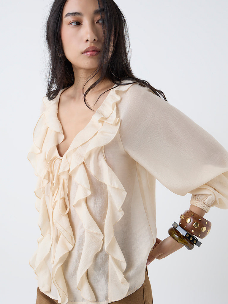 LOV Cream Ruffle-Detailed Top