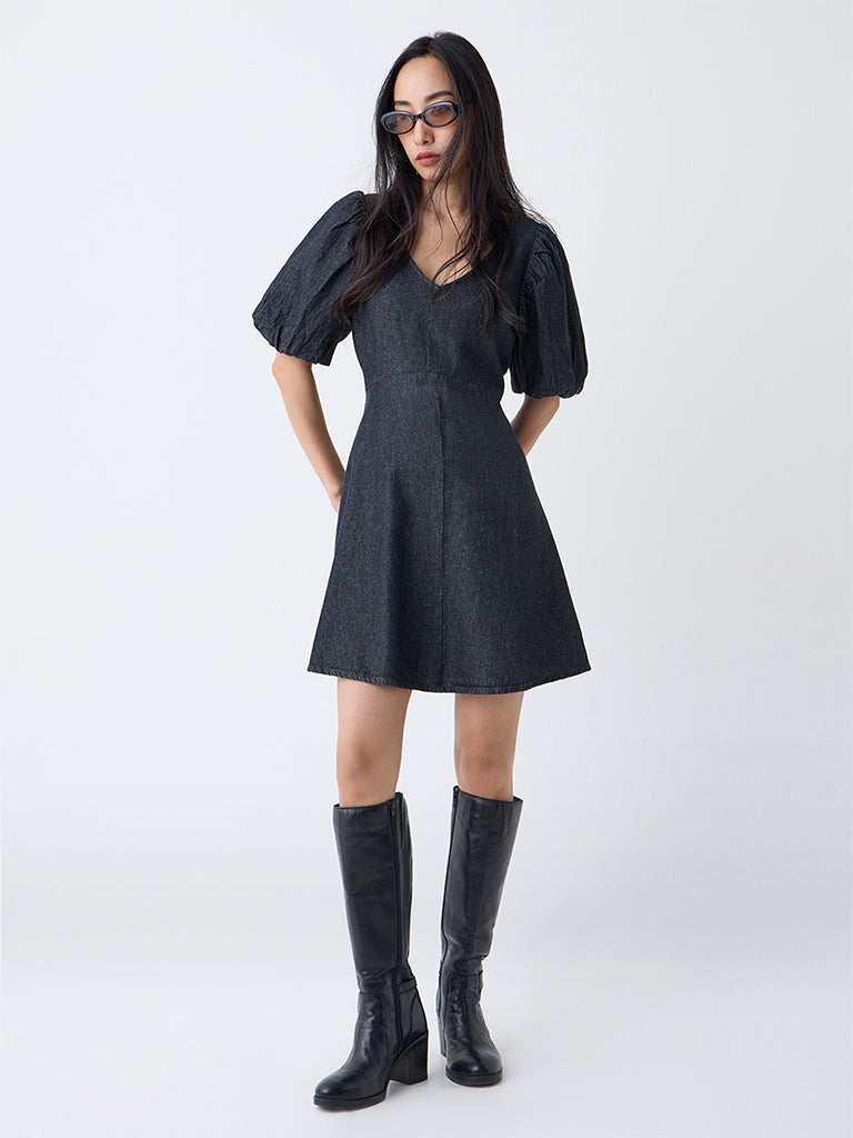 LOV Dark Grey Solid Denim A-Line Dress